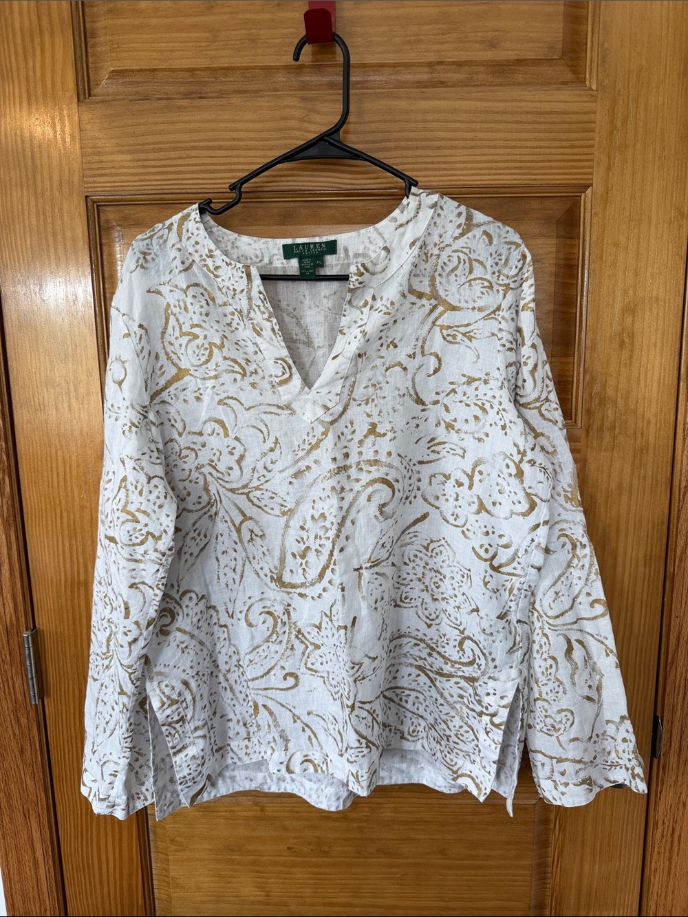 Lauren Ralph Lauren White 100% Linen Tunic with Gold Paisley Motif- Size LP